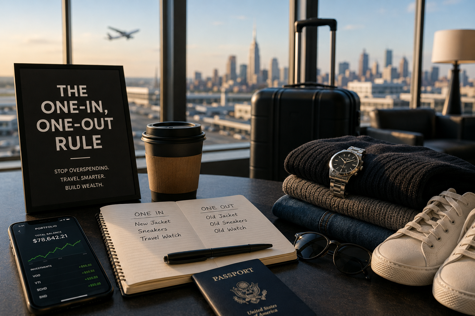 Stylish American traveler at an airport terminal with minimalist luggage and premium fashion accessories, reflecting intentional spending and smart travel habits.