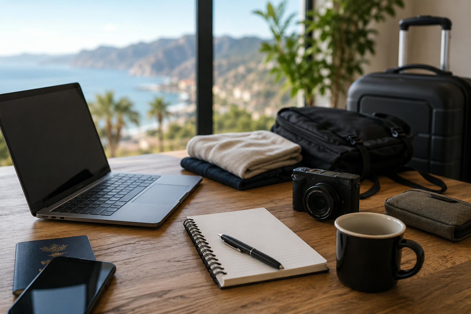 Minimalist travel workspace with laptop, passport, camera, and luggage prepared for smart travel planning and insurance review