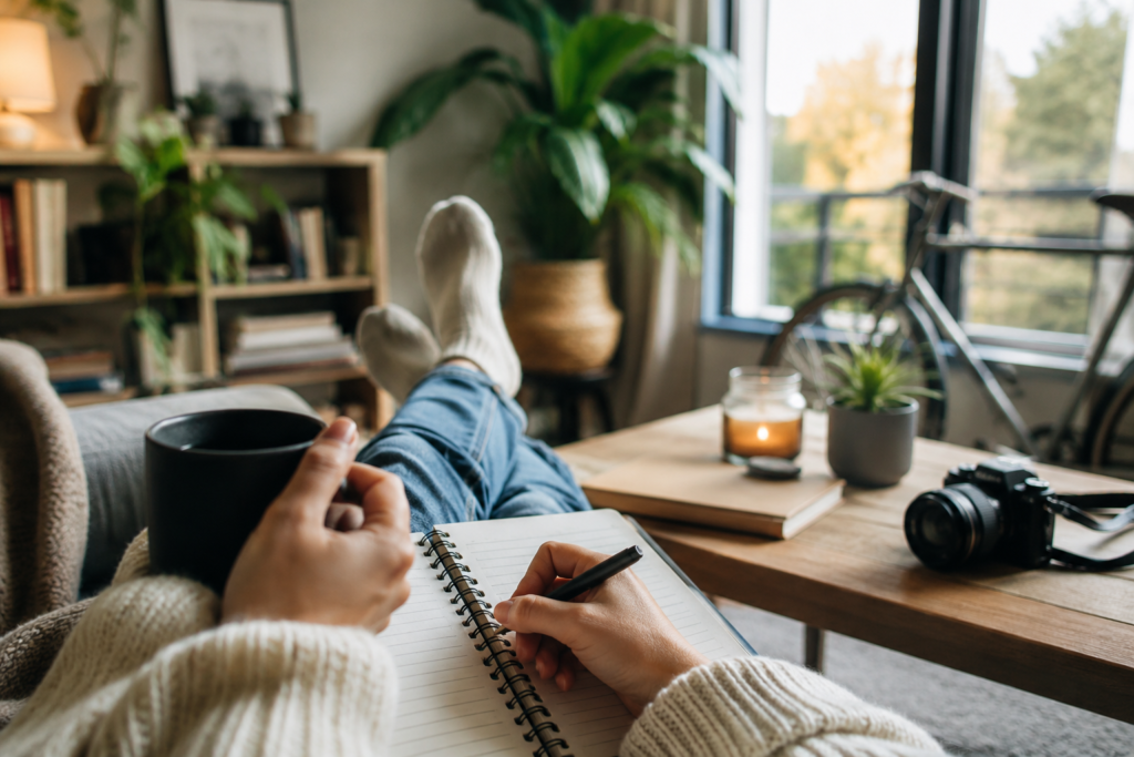 Person relaxing at home journaling during a cozy no-spend weekend with coffee, plants, books, and natural light